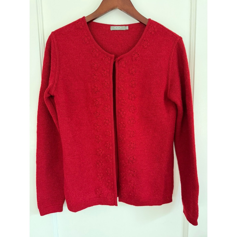 MFH Knits Open Cardigan Women S Red 80% Baby Alpaca 20% Wool Floral Embroidered